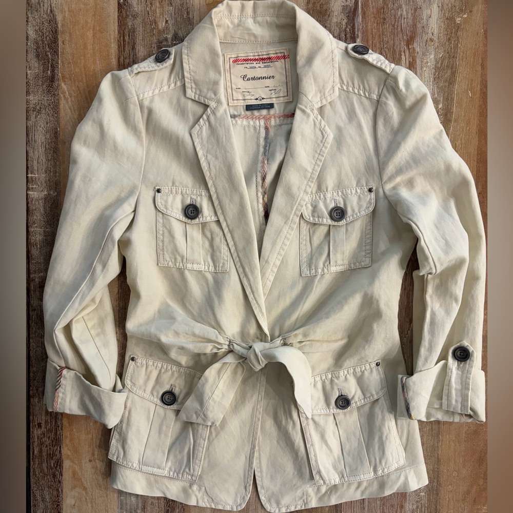Cartonnier Anthropologie Cream Utility Safari Blazer Jacket Belted Pockets Sz 4